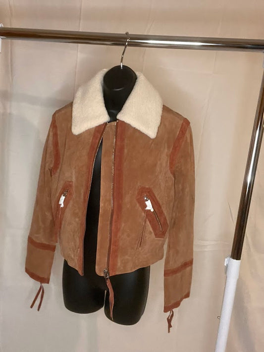 Blank NYC Genuine Leather Jacket – Brown w/ White Faux Fur Collar (XS) (NWT)